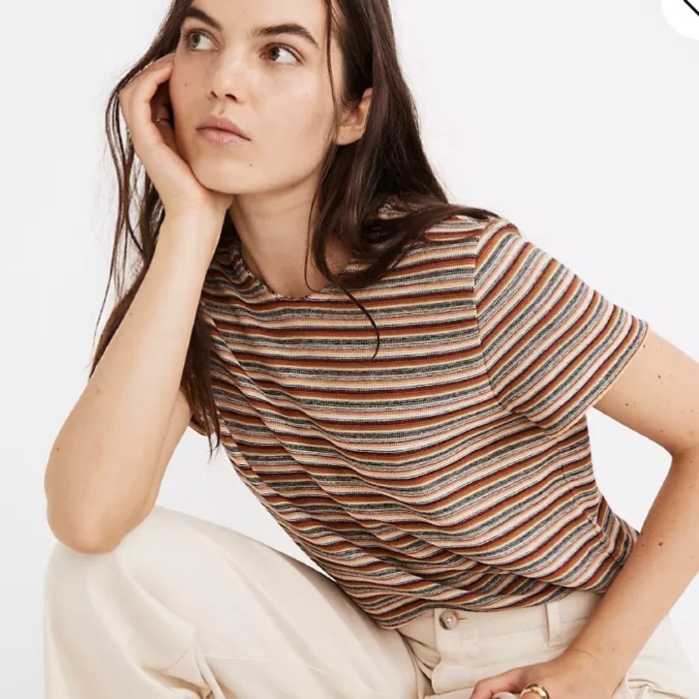 Madewell rainbow striped jacquard tee.